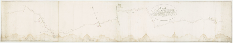 736 Kaart van het gedeelte van de gecombineerde zandweg van Tiel, Buren en Culemborg, strekkende van de Burense poort ...
