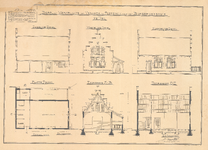 524 Geveltekeningen, plattegrond en doorsnede, Berg en werkplaats met veranda en poetshok voor het burgerweeshuis, 1910
