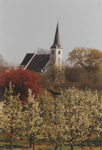 0362-1378 Bloeiende (fruit)bomen met op de achtergrond de Hervormde kerk