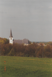 0362-1379 Weide met bossages. Op de achtergrond de kerk