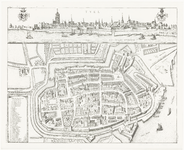 357 Een plattegrond en een profiel van de stad Tiel met linksonder een lijst met de namen van de kerken en van de ...