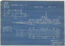 751 Een ontwerp van de Tielse motorveerpont, Tiel-Wamel, met bovenaanzicht en doorsnede tekeningen , [1930]