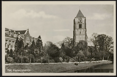 K 9.17 Achtergevel en tuin, met hek, van Bethesda ziekenhuis. Rechts de toren van Sint Maartenskerk met stadsgracht.