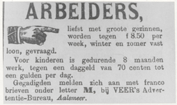 M 8704 Advertentie voor arbeiders bij VEER, Aalsmeer, er worden grote gezinnen gevraagd, verwacht wordt dat ook de ...