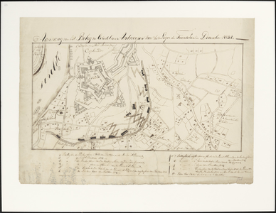 228 Kaart van de citadel en omgeving met aanduiding der Franse linies tot de tweede paralel. Links de Schelde. Onder de ...