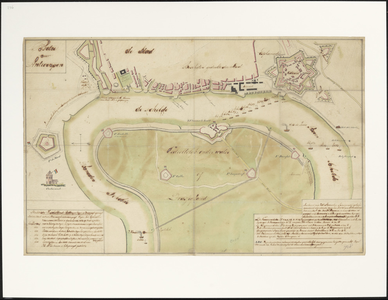 236 Kaart met bovenaan de stadsrand en de citadel en er tegenover het Vlaamse Hoofd met geïnnundeerde land. Op de ...