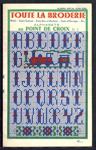 7621 Boekje met alfabetten en motieven voor kruissteek in de kleuren rood, blauw, groen, 1958
