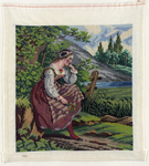 7987 Dit is een op 11 draads linnen geborduurd schilderij: een meisje met hoofdbedekking zittend aan het water. In ...