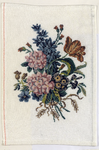 7988 Dit is een op 12 draads linnen geborduurd boeket met blauwe, roze en oranjebruine bloemen, geborduurd met 2 ...