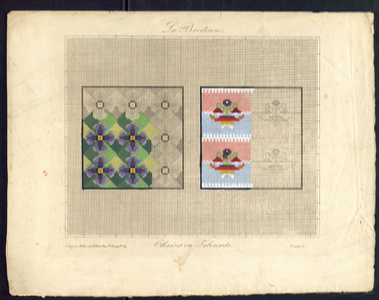 8049 De voorstelling op dit borduurpatroon bestaat uit twee vierkanten: 1: met paarse en groene vlakjes. 2. met rose en ...