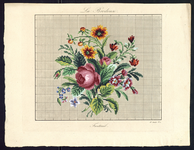 8193 De voorstelling op dit borduurpatroon bestaat uit een boeket met verschillende bloemen: rozerode rozen, blauwe ...