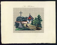 8255 De voorstelling op dit borduurpatroon bestaat uit een kerk met kruis op het dak en op de voorgrond een sokkel met ...