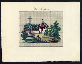 8255 De voorstelling op dit borduurpatroon bestaat uit een kerk met kruis op het dak en op de voorgrond een sokkel met ...