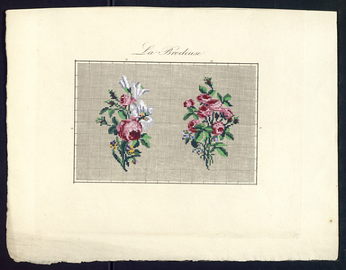 8262 De voorstelling op dit borduurpatroon bestaat uit twee takken met bloemen: 1. een tak met rozerode rozen en witte ...
