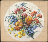 7995 De voorstelling op dit borduurontwerp is een boeket met verschillende bloemen: oranjegele tulpen, roze, blauwe en ...