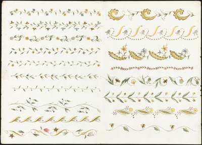 8003 De voorstelling op dit borduurpatroon bestaat uit: links tien randjes met bloemetjes en bladeren. Rechts acht ...