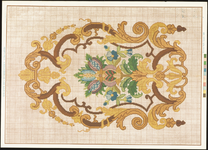 8026 Dit patroon is bedoeld voor tapisseriewerk: een geelbruin krullerig kader waarin gestileerde bloemen en bladeren ...