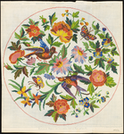 8028 Dit is een tapisseriepatroon bedoeld voor bijvoorbeeld een poef of een kussen: takken met gekleurde bloemen, ...