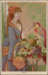8032 Dit borduurpatroon is bedoeld voor tapisseriewerk: Een vrouw in een blauw gewaad voert een papegaai die op een ...