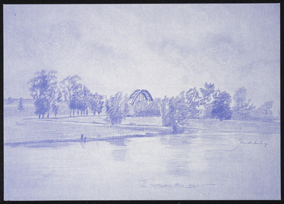 1834 Sfeertekening van de Ronde Haven met de Spoorbrug.
