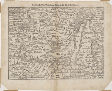 48 Een overzichtskaart uit de Cosmographie van Sebastiaan Münster met een deel van Duitsland, Nederland en België. ...