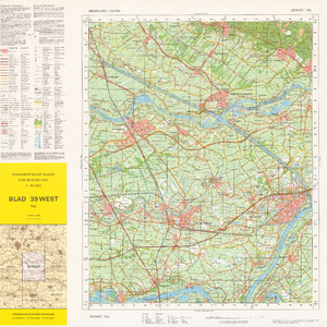 135 Een topografische kaart van Tiel en omgeving met het gebied tussen de hoekpunten Culemborg en Amerongen, Haaften en ...