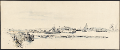  Zicht op Zaltbommel (haven, St. Maartenskerk) met op de voorgrond een baggerschuit, Zicht op Zaltbommel, [1958]