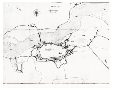 93 Kaart van de vesting Zaltbommel ten tijde van het beleg door de Spanjaarden in 1599, [16e eeuw]