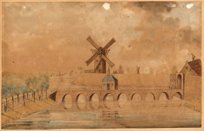  Aquarel van de steneboogbrug bij de Gamerschepoort en de molen De Kat te Zaltbommel, Gamerschepoort en molen De Kat te ...