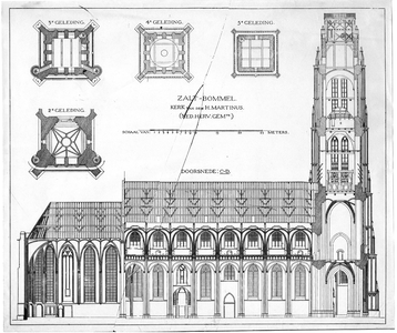 22-9546 Sint Maartenskerk Zaltbommel, doorsnee en geledingen kerktoren