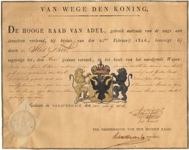 1024 Diploma verleend door de Hoge raad van Adel van het wapen van de gemeente Tiel