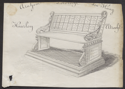 8297 Tekening van een zitbank van Steiner en co, zoals die mogelijk geleverd zal worden voor plaatsing in Tiel, , , 1881
