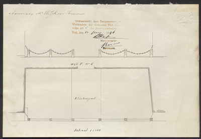 8887 Tekening behorend bij de aanvraag van H.J.A. van Heumen om een voetmuur met hardstenen palen als afscheiding op de ...