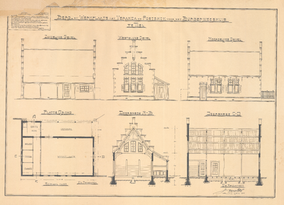 524 Geveltekeningen, plattegrond en doorsnede, 1910