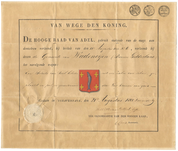 700 Diploma verleend door de Hoge Raad van Adel van het wapen van de gemeente Wadenoijen
