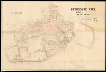 1077 Kadastrale kaart van de binnenstad van Tiel, sectie E, waarop de aard van de winkels en bedrijven van de situatie ...