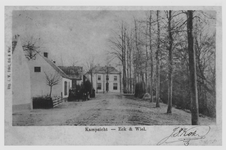 0362-1214 Zicht op voorkant Huize Kamplust met links enkele arbeiderswoningen en rechts de toegang tot Villa Vredestein