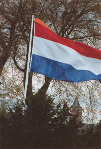 Lie 416 Verjaardag kroonprins Willem-Alexander. Vlag en wimpel met op de achtergrond de toren van de N.H.-kerk