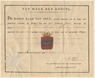 446 Diploma verleend door de Hoge Raad van Adel van het wapen van het 'College van Gecommitteerden 's Lands van Buuren'