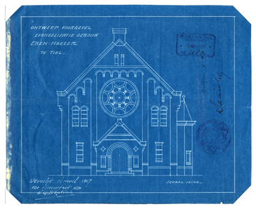 143 Vooraanzicht van de voorgevel van het evangelisatiegebouw Eben Haëzer in Tiel aan de Gasthuisstraat, 1917