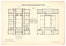 157 Een plattegrond van de begane grond en van de verdieping van het gerechtsgebouw of de arrondissements rechtbank in Tiel