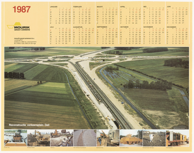 371 Een luchtfoto op een groot kalenderblad met daarop de reconstructie van het verkeersplein Deil aan de A15