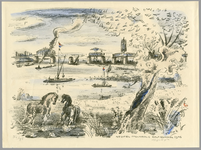 893 Een prent van het herstel, na de Tweede Wereldoorlog, van de spoorbrug over de Waal bij Zaltbommel. Op de voorgrond ...