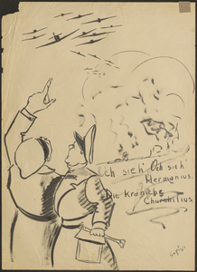 945 Een tekening met een sterk symbolisch en ironisch karakter gemaakt door Wim Daalderop in de oorlogsjaren 1940-1945. ...