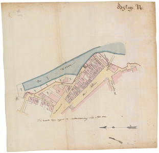 1214 Een plattegrond van Tiel met daarop de Oude Haven, het Plein, de Varkensmarkt, het Straatje Bij de Ruiterstal, de ...