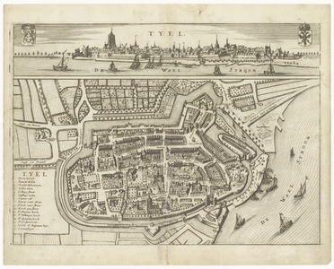 17 Een plattegrond van Tiel, met linksonder een legenda van de belangrijke gebouwen in de binnenstad. Boven een ...