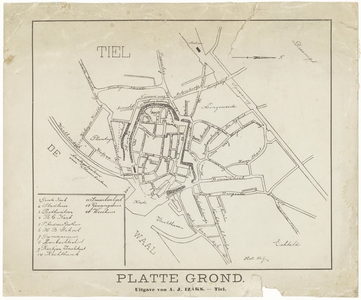 21 Een plattegrond van Tiel, met linksonder een legenda van de belangrijke gebouwen en straatnamen, [1902]