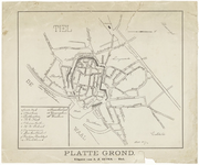 21 Een plattegrond van Tiel, met linksonder een legenda van de belangrijke gebouwen en straatnamen