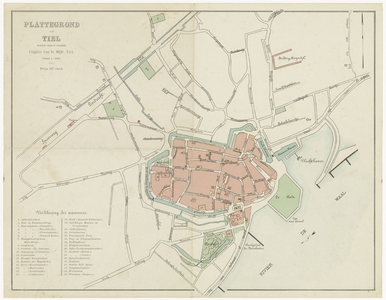 26 Een plattegrond van Tiel, met een legenda van de belangrijke plaatsen en gebouwen in de stad, 1905