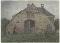 28 Een aquarel van de achterzijde van een Tielse T-boerderij, met daarbij afgebeeld drie bewoners in klederdracht. Op ...